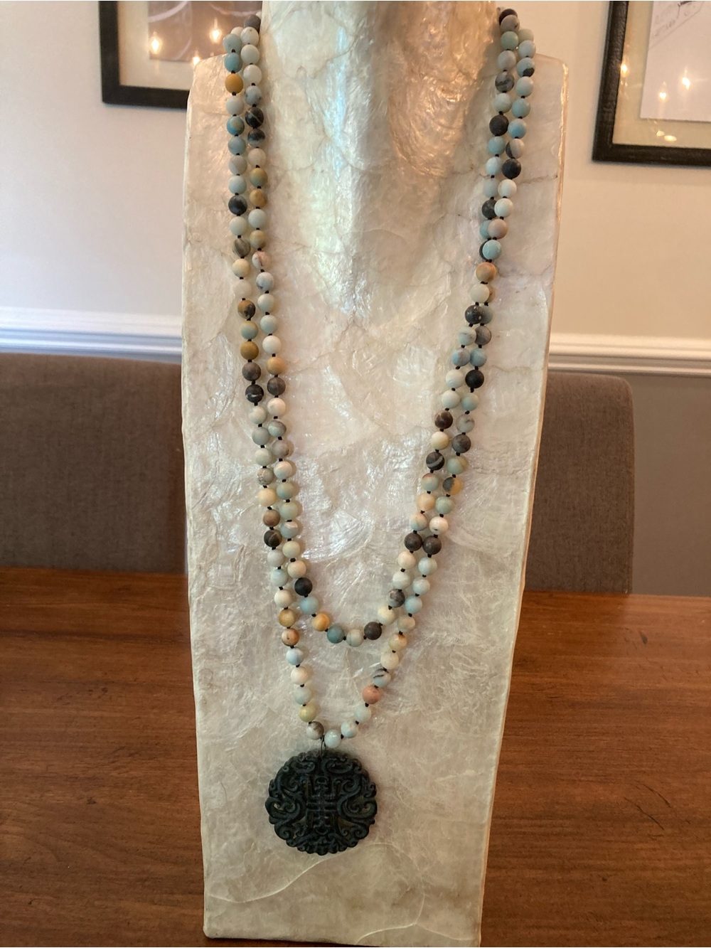 Genuine Amazonite Beaded wrap Necklace with Carved Black stone Pendant.